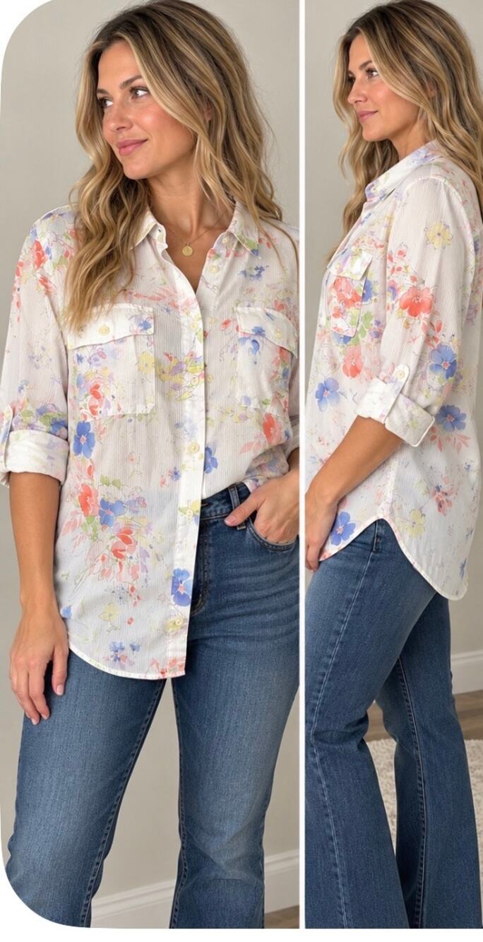 Lauren Ralph Lauren 2X Floral Cotton Button Down Shirt Blouse